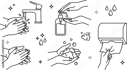 Photos Hand washing steps outline vector icons set with water tap faucet soap dispenser