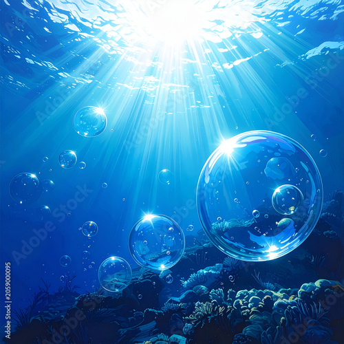 Sunlight Piercing Through Deep Blue Ocean with Floating Bubbles