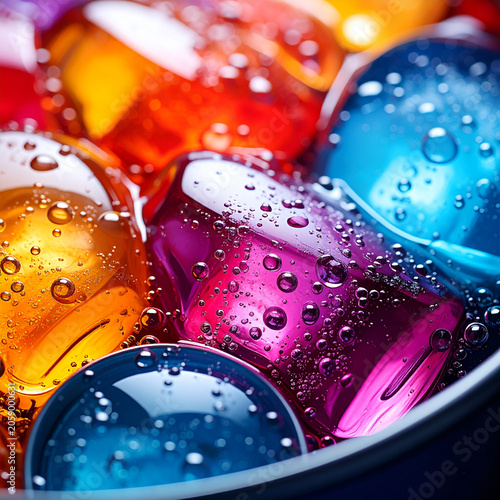 Vibrant Colorful Ice Cubes with Fresh Water Droplets Macro