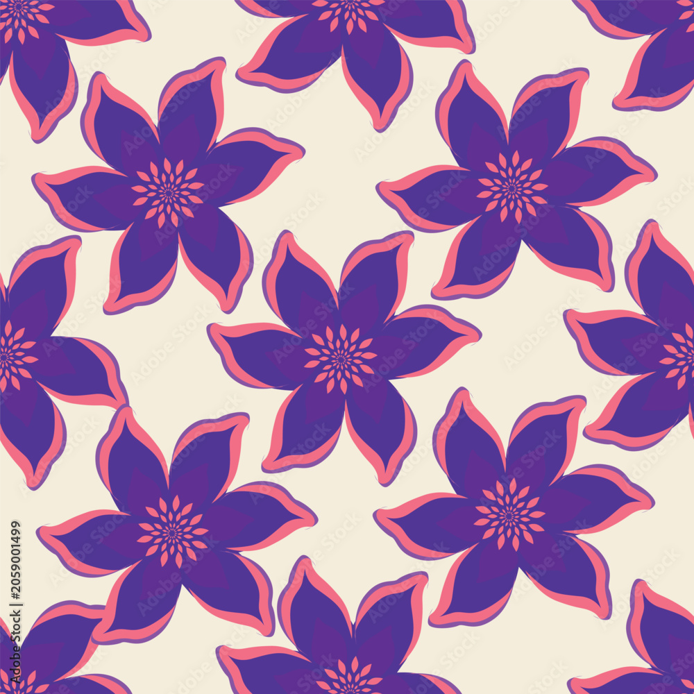 Fototapeta premium Seamless floral pattern, romantic ditsy print, abstract flower ornament in spring vintage motif. Elegant botanical design of hand drawn pink flowers, tiny leaves, small bouquets. Vector illustration