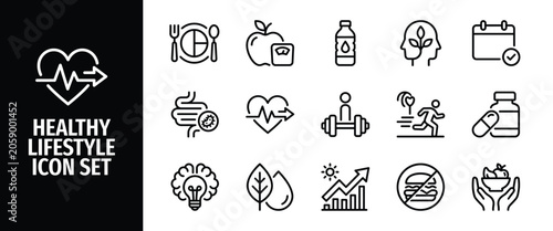 Schilderij op canvas Healthy lifestyle icon set, outline style, vector illustration collection of ico