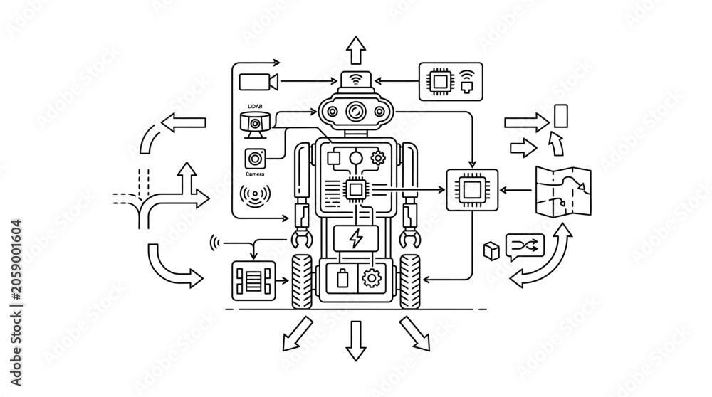 Fototapeta premium Technical robot schematic with sensor and navigation icons.