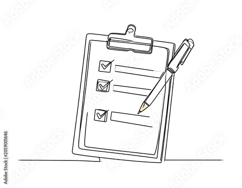 A simple line drawing of a clipboard with a checklist and pencil