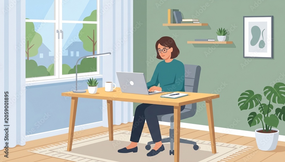 Fototapeta premium Woman with glasses typing on laptop at wooden desk in home office for remote work concept