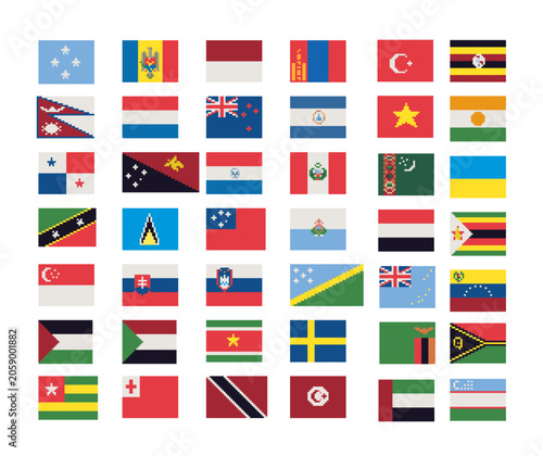 Pixel Art World Flags Collection, Retro National Flag Icons Set Vol. 3 for educational games, strategy interfaces, travel apps and international projects.