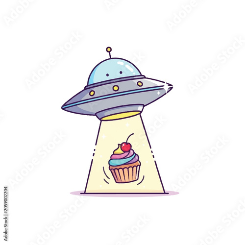 Cute UFO Abducting a Delicious Cupcake with Cherry.
