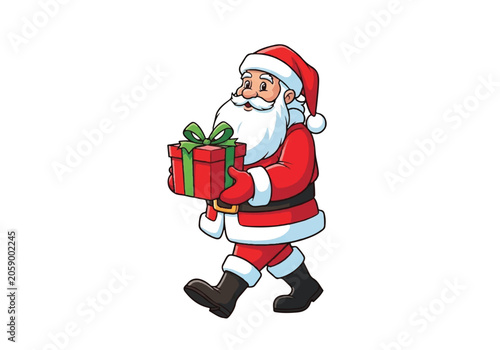 Cartoon Santa Claus carrying a gift box.