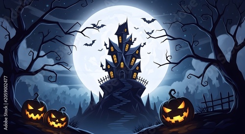 Cartoon haunted castle on a hill with jackolanterns and bats