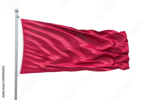 A red flag waving on a flagpole isolated on white background