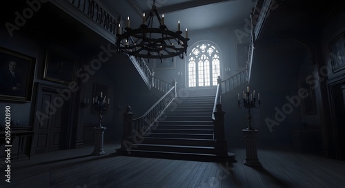 Grand interior of a dark haunted mansion with a majestic staircase and chandelier