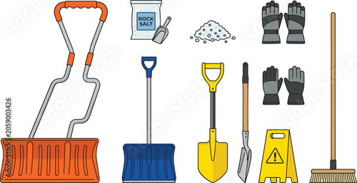 Foto Winter Snow Shovel and Ice Removal Equipment Vector Set Featuring Rock Salt, Sho