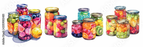 Obraz na płótnie Watercolor still life of glass jars packed with vibrant preserved fruitsoranges,