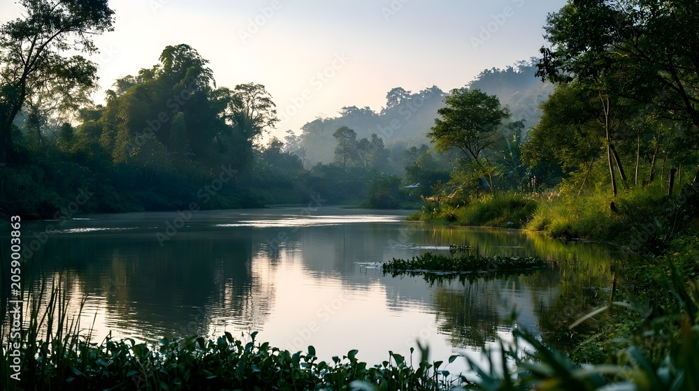 Fototapeta premium Tranquil scenic travel destination bathed in soft morning light creating a peaceful and serene atmosphere