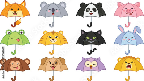 Photography Cute Animal Face Umbrella Vector Set Featuring Kawaii Character Parasols for Kid