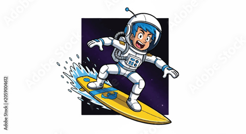 Astronaut Surfing Through Space on a Yellow Surfboard.