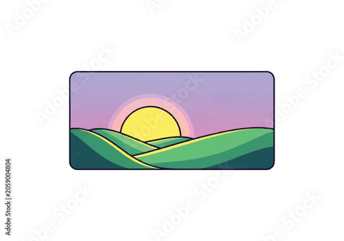 Stylized Sunrise Over Rolling Green Hills Landscape.