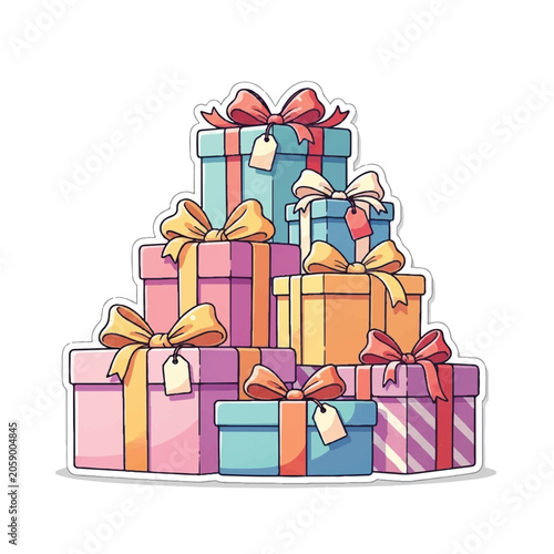 Stack of Colorful Gift Boxes with Ribbons and Tags.