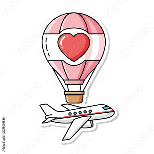Hot Air Balloon with Heart and Airplane Illustration.