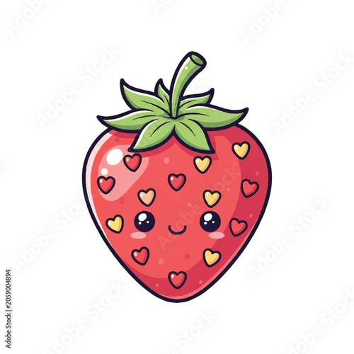 Cute Kawaii Strawberry Character with Hearts.