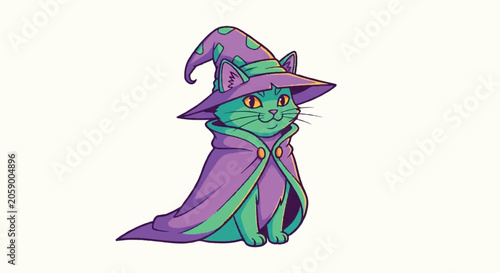 Cute Green Cat Wearing a Purple Witch Hat and Cloak.