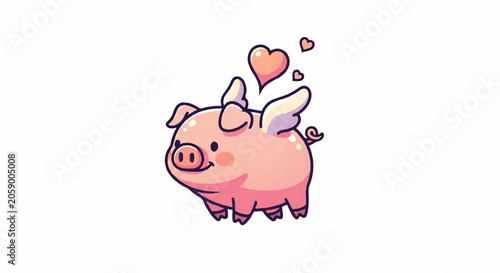 Cute Flying Pig with Wings and Hearts Illustration.