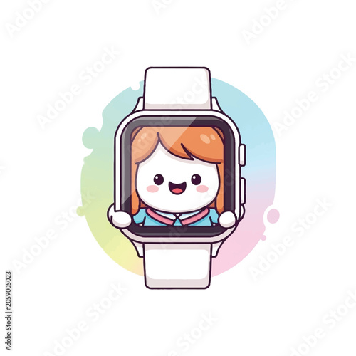 Cute Kawaii Girl Character Inside Smartwatch Screen.