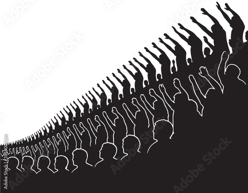 Crowd of spectators raises their hands in a unified gesture of celebration at a stadium event.