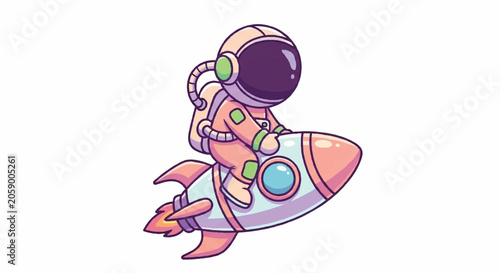 Cute Astronaut Riding a Rocket Ship in Space.