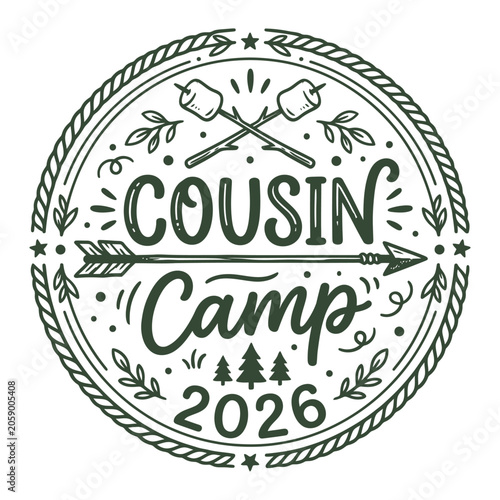 Принти на полотні Cousin Camp 2026 Vintage Camping Badge Typography Emblem Vector Design