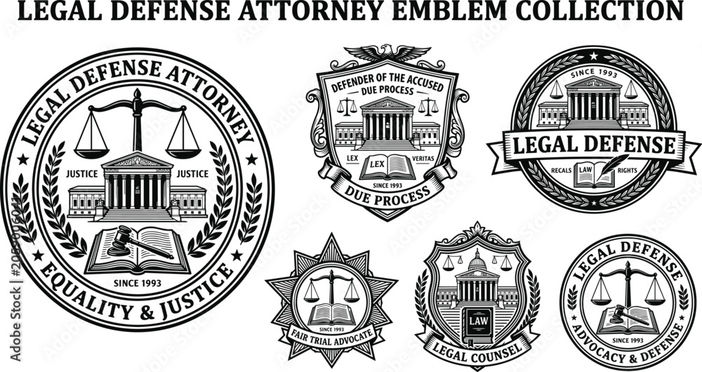 Fototapeta premium Legal defense attorney emblem collection featuring vintage law firm seals badges and insignias with courthouse scales of justice open law book and judge gavel