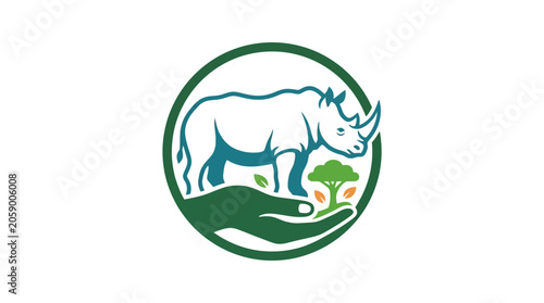 Photography Rhino conservation logo with hand and tree, protection concept