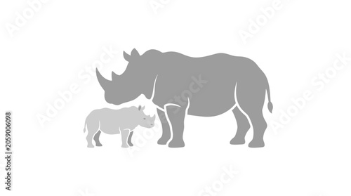 Valokuva Rhino Family Silhouette: Mother and Baby Rhino on White Background