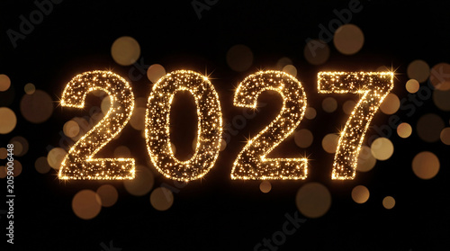 Happy New Year 2027 Golden Glitter Numbers with Lights Bokeh Background