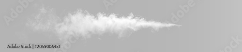 Abstract realistic smoke jet on grey and black background, horizontal steam mist puff plume overlay