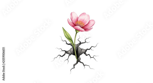 Illustration of a single pink cherry blossom flower with a green leaf and yellow center growing out of a dark jagged crack in the ground, isolated on a pure white background.