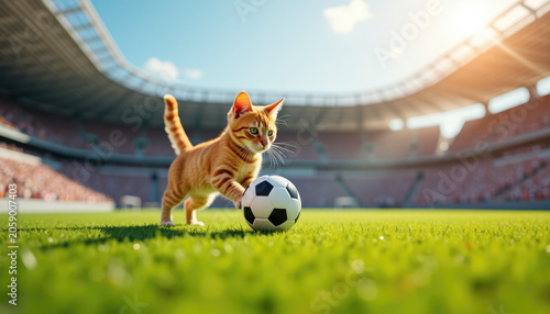 Ginger kitten playing with soccer ball on green grass of stadium. Small cat athlete exploring sports field. Funny pet active lifestyle, championship mood and sports concept.