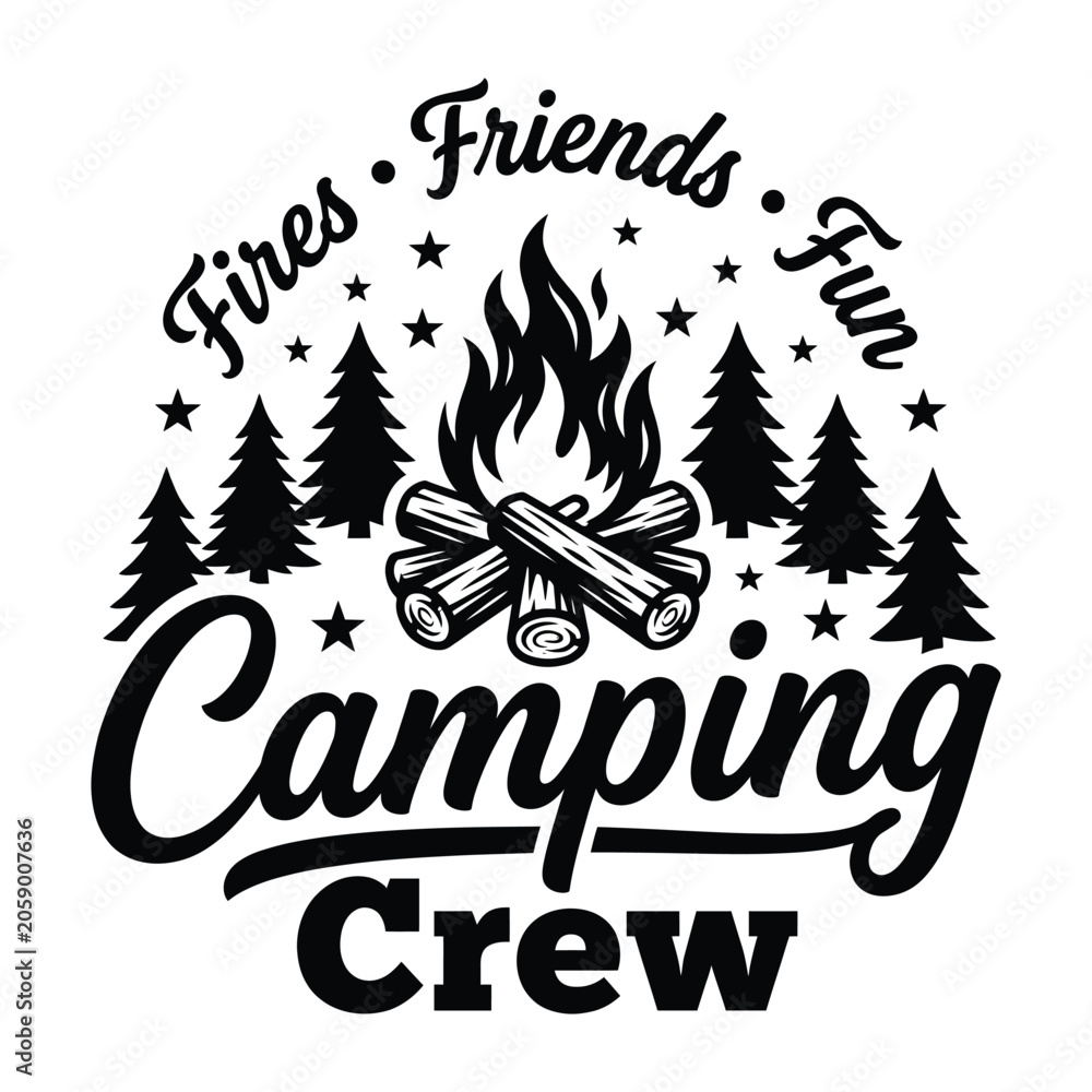 Obraz premium Friends Fun Camping Crew Campfire Typography Outdoor Adventure Vector Illustration