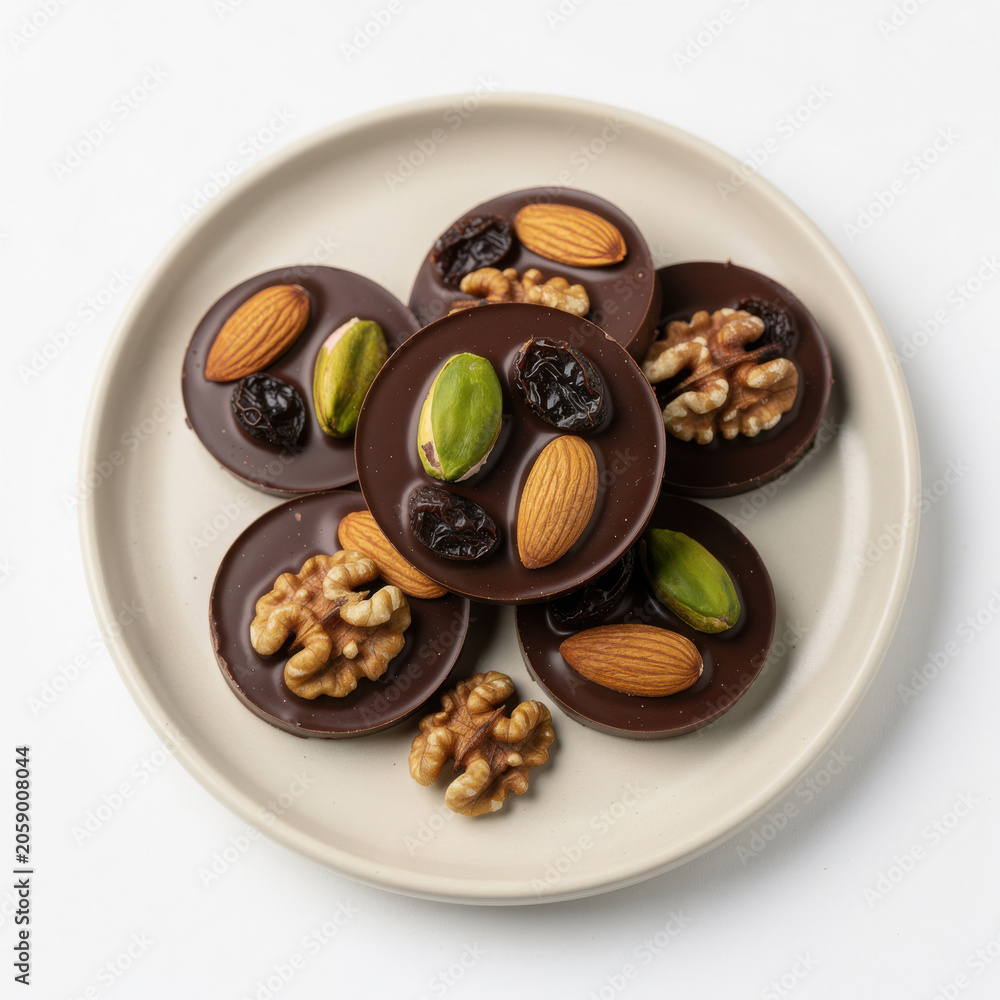 Fototapeta premium Classic Mendiants au Chocolat with Nuts and Dried Fruit Isolated on White Background