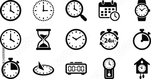 Vászonkép black and white icons of various clocks and watches