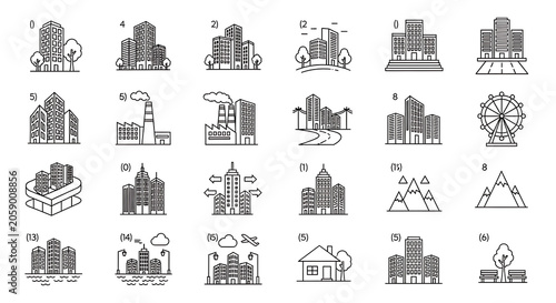 Set of hand drawn doodle icons featuring buildings and city landscapes building landscape architecture illustration collection structure construction