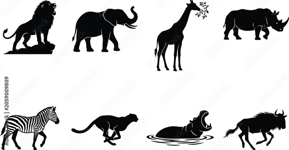 Obraz premium African Wildlife Silhouette Vector Bundle Featuring Lion Elephant Giraffe Rhinoceros Zebra Cheetah Hippopotamus and Wildebeest
