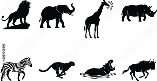 Photography African Wildlife Silhouette Vector Bundle Featuring Lion Elephant Giraffe Rhinoc