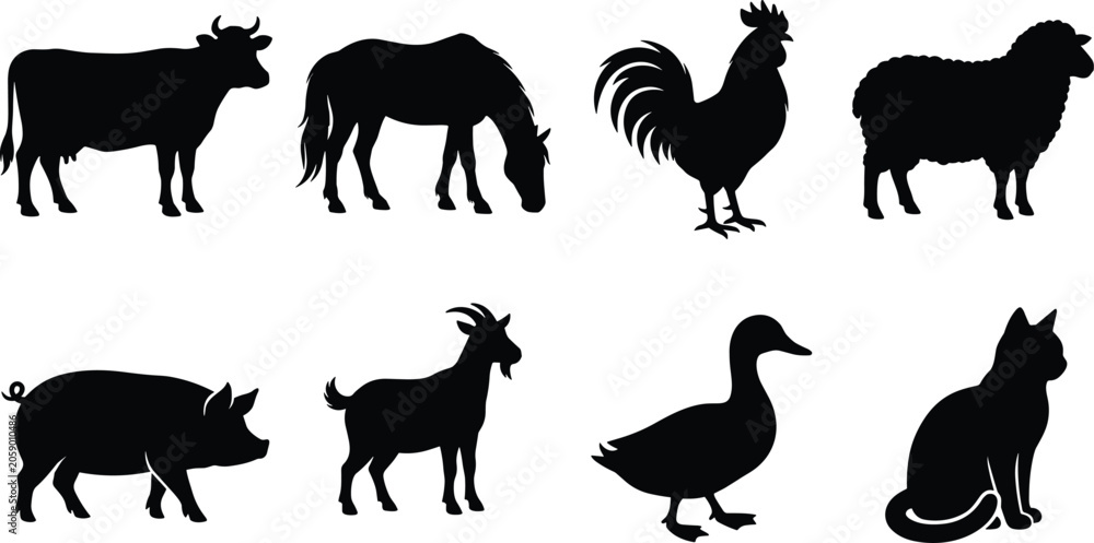 Obraz premium Farm Animal Silhouette Vector Bundle Featuring Cow Horse Rooster Sheep Pig Goat Duck and Cat