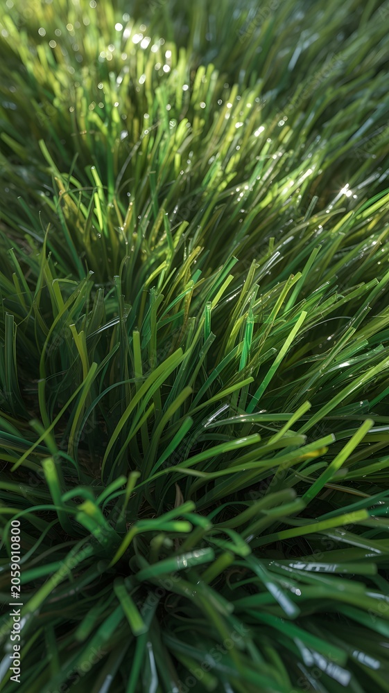 Fototapeta premium Closeup of vibrant green artificial grass with glistening dew drops and sunlight
