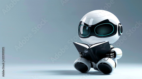 Cute robot character learning and reading a book, symbolizing artificial intelligence, education, and knowledge acquisition in a modern digital world.