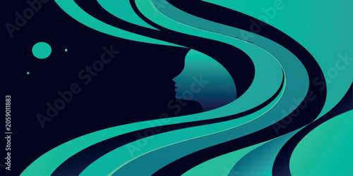 Vibrant green and blue abstract illustration of a womans silhouette with swirling lines and shapes in a dark background