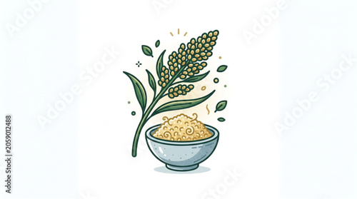 Photography Sorghum grain in a bowl with plant illustration.