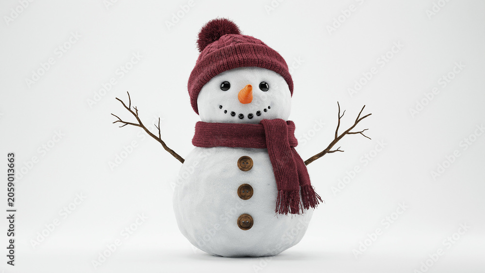 Fototapeta premium Close-up cinematic snowman wearing winter clothes on white background