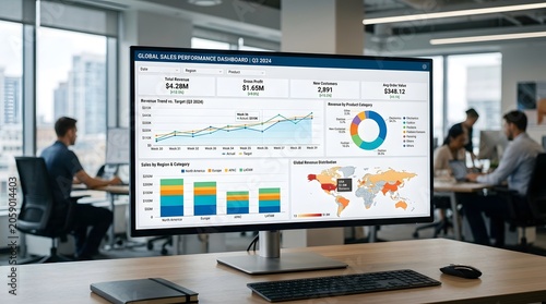 Modern office workstation featuring a large monitor showing a detailed financial data dashboard with various charts and graphs, with employees working in the background.