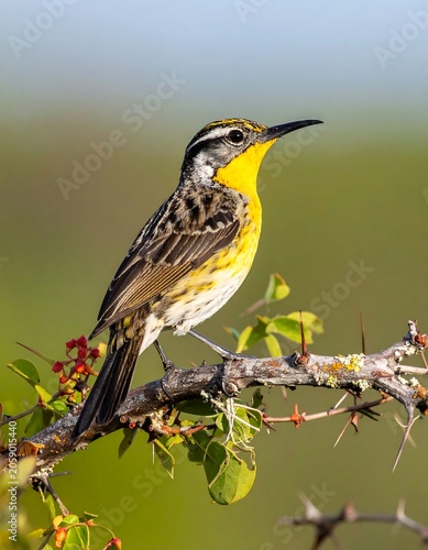 A small bird perches on a thorny branch with green leaves